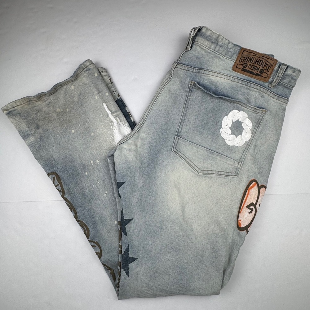Grindhouse Denim Jeans 44‎ Light Wash Distressed Streetwear Graphic Star Peace